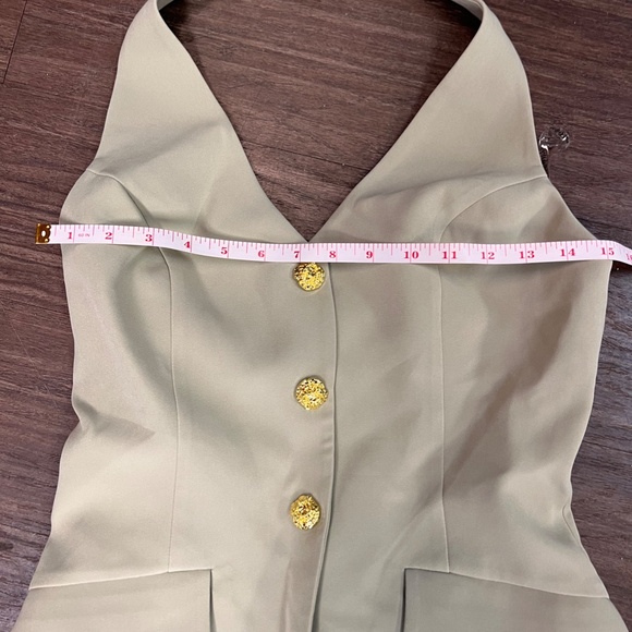 RARE LONDON TAILORED HALTERED GOLD BUTTON VEST DETAIL MINI DRESS IN OLIVE GREEN - Picture 4 of 10